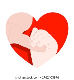 The silhouette hand is gentle holding the finger of the dad with love and happy on the red heart shape. Family stay together. Holiday spending time. Love and give concept.