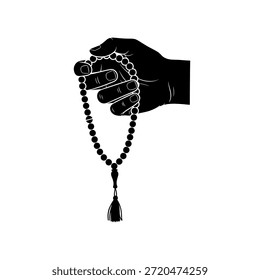 A silhouette of a hand gently clasping a string of prayer beads, representing spirituality, meditation, and religious practice.