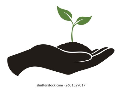 Silhouette of a hand gently holding fertile soil, from which a vibrant green sprout grows. Simple design against a clean white background.