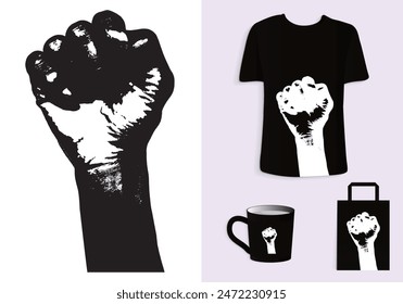 Silhouette of Hand Gesture with Grunge Effect in Retro Style for T-Shirt, Tote Bag, and Cup Design. Merchandise and Print. Mock-up templates Included.