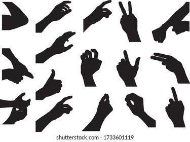 The silhouette of a hand in gestures on white background