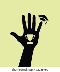 A silhouette of a hand with goblet and mortarboard at graduation.