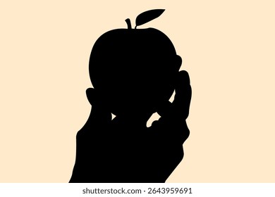 Silhouette of hand holding an apple concept design. Icon of fruit shadow on finger. Vector illustration.