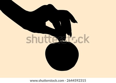 Silhouette of hand holding an apple concept design. Icon of fruit shadow on finger. Vector illustration.	