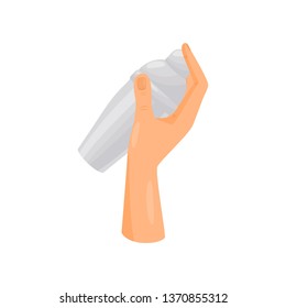 Silhouette of the hand holding the bartender vertically shaker. Vector illustration.