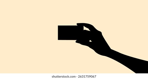 Silhouette of hand holding card concept design. Graphic of finger holding paper on black. Vector illustration.
