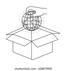 silhouette hand holding a globe earth world to deposit in cardboard box vector illustration