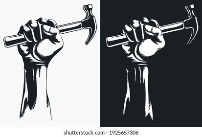 Silhouette hand holding hammer clipart drawing, transparent logo illlustration svg