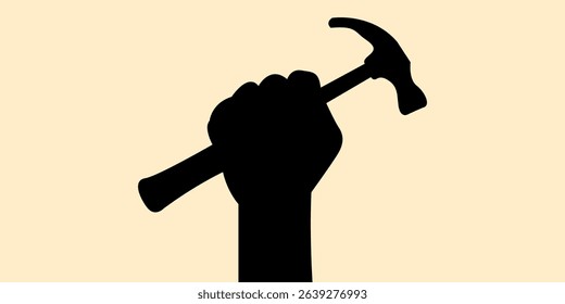 Silhouette of hand holding hammer concept design. Icon of tools, builder shadow. Vector illustration.