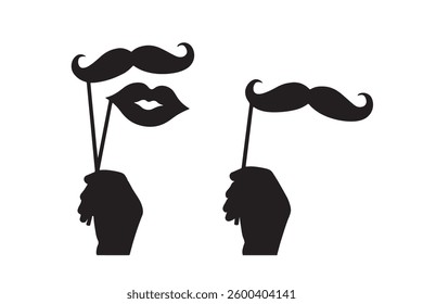 Silhouette of hand holding paper lips and moustache on wooden sticks vector icon set illustration on white background.