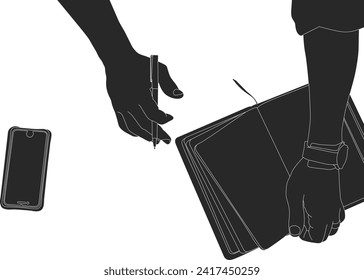 silhouette hand holding pen with notebook and mobile