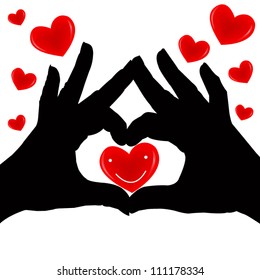 Silhouette hand holding the red heart on white background. Love valentine. Vector illustrator