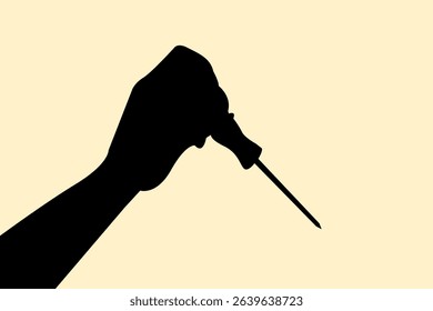 Silhouette of hand holding screwdriver concept. Icon of gesture people tighten the screw from above. Vector illustration.