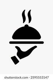 Silhouette of a hand holding a steaming cloche. Iconic symbol for food service, catering, and dining. Represents hospitality and culinary service. User interface icon vector.