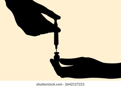 Silhouette of hand holding syringe concept design.is sucking fluid with a syringe. Icon of healthcare symbol injection. Vector illustration.