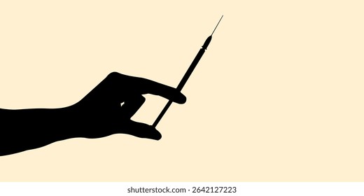 Silhouette of hand holding syringe ready to inject to patient. Icon of healthcare symbol doctor will injection. Vector illustration.