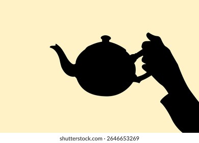 Silhueta de mão segurando chaleira. Ícone do braço gestual servindo chá na sombra. Ilustração vetorial.