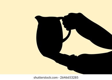 Silhueta de mão segurando chaleira. Ícone do braço gestual servindo chá na sombra. Ilustração vetorial.