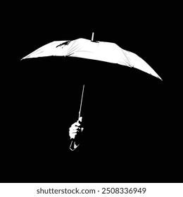silhouette of a hand holding an umbrella on a dark black background