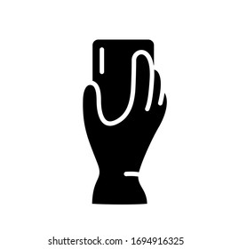 Silhouette Hand in household rubber glove holds washing sponge, soap. Outline  icon of detergents. Illustration for wet house cleaning, polishing surfaces, removing plaque, rust. Flat isolated vector