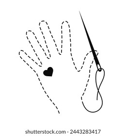 Silhouette of hand with interrupted contour and heart. Vector illustration of handmade work with embroidery thread and sewing needle on white background.	