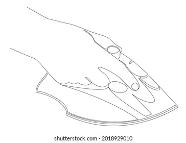 Silhouette of a hand with an iron, a man stroking in a modern one line style. Continuous line drawing, aesthetic outline for home decor, posters, wall art, stickers, logo. Vector illustration.