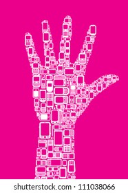 Silhouette of hand made with Cellphones and Smartphones in magenta background