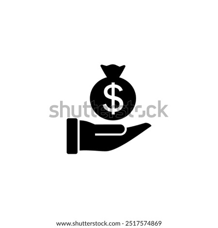Silhouette of hand with money bag. Vector icon.