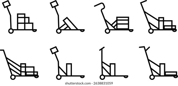 silhouette of hand Pallet Jack Vector Icon set , Premium download icons of luggage cart Logistics Delivery, Minimalist template design elements, Jack Stacked With Boxes Thin Line art, for mobile app