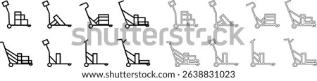 silhouette of hand Pallet Jack Vector Icon set , Premium download icons of luggage cart Logistics Delivery, Minimalist template design elements, Jack Stacked With Boxes Thin Line art, for mobile app