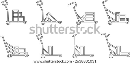 silhouette of hand Pallet Jack Vector Icon set , Premium download icons of luggage cart Logistics Delivery, Minimalist template design elements, Jack Stacked With Boxes Thin Line art, for mobile app