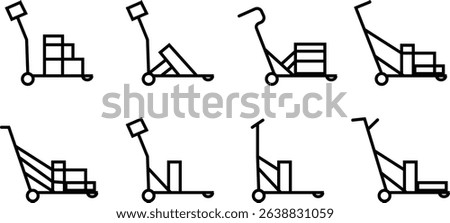 silhouette of hand Pallet Jack Vector Icon set , Premium download icons of luggage cart Logistics Delivery, Minimalist template design elements, Jack Stacked With Boxes Thin Line art, for mobile app