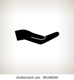 Silhouette Hand Palm Upwards  on a Light  Background, Empty Hand  Invites or Points to Something ,  Black and White  Vector Illustration