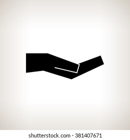 Silhouette Hand Palm Upwards Schematically on a Light  Background, Empty Hand  Invites or Points to Something , Black and White  Vector Illustration