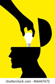 Silhouette Of A Hand Picking Up A Light Bulb From Human Head, Analogy Of Stealing Ideas