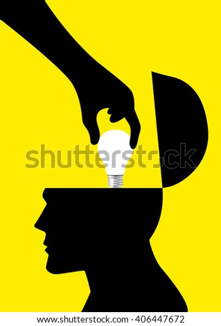 Silhouette of a hand picking up a light bulb from human head, analogy of stealing ideas