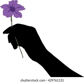 Silhouette of hand with a purple flower isolated on white background