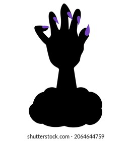 Silhouette of a hand with purple nails. A dead man's paw crawls out from under a pile of stones. Gnarled fingers with sharp claws. The ominous zombie palm made its way to the surface. Vector 