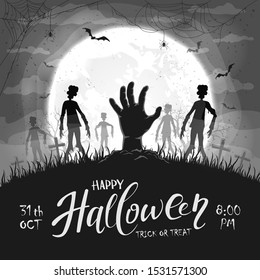 Silhouette of a hand sticks out of ground in cemetery. Black Halloween background with zombies, bats and spider. Illustration can be used for children's holiday design, cards, invitations and banners