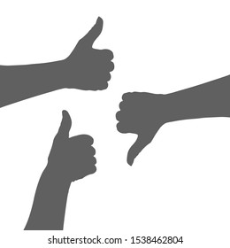 Silhouette of a hand with thumbs up and thumbs down. Concept like and dislike. Male palm with finger up and down. 