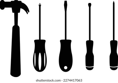 Silhouette of hand tools. Tool icon set.Hammer turnscrew tools icon.Instrument collection.