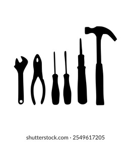 Silhouette of hand tools: wrench, pliers, and four screwdrivers next to a hammer.