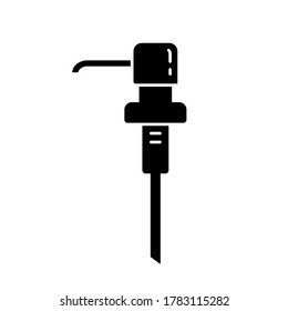 Silhouette of Hand wash dispenser pump with long spout. Outline icon of separate plastic tube for bottle with liquid, soap, gel, water. Black illustration. Flat isolated emblem on white background