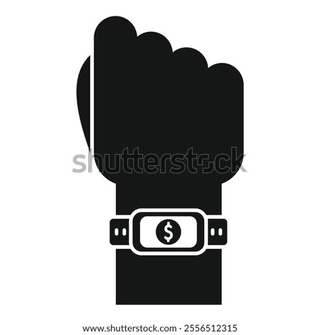 Silhouette of a hand wearing a smartwatch for nfc payment showing dollar sign icon