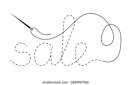 Silhouette of hand written word "sale" with interrupted contour. Vector illustration of handmade work with embroidery thread and needle on white background for sales and discounts.