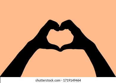  Silhouette of hands are act like heart shape on the orange background. valentine, encouragement, love, donate, holiday, care concept. Illustration vector.