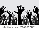 Silhouette Hands and arms of evil spirits rise up a lot at the same time. Illustration about the crowd of zombies and monsters out of Hell, religion, Halloween.