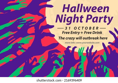 Silhouette Manos y brazos de malos espíritus y zombis llegando a la luna con texto de la fiesta de la noche de Halloween. Afiche del evento en el concepto de fantasmas resurgiendo del infierno.