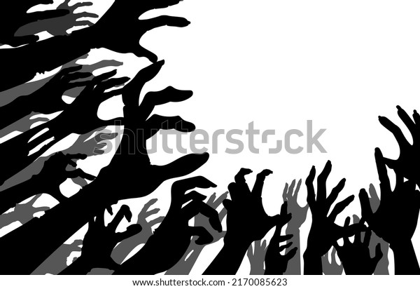 Silhouette Hands and arms of evil spirits reaching
out to the top. Illustration about the crowd of zombies and ghosts
resurrect out of
Hell.