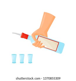 Silhouette hands bartender pours from the bottle into the stack. Vector illustration.